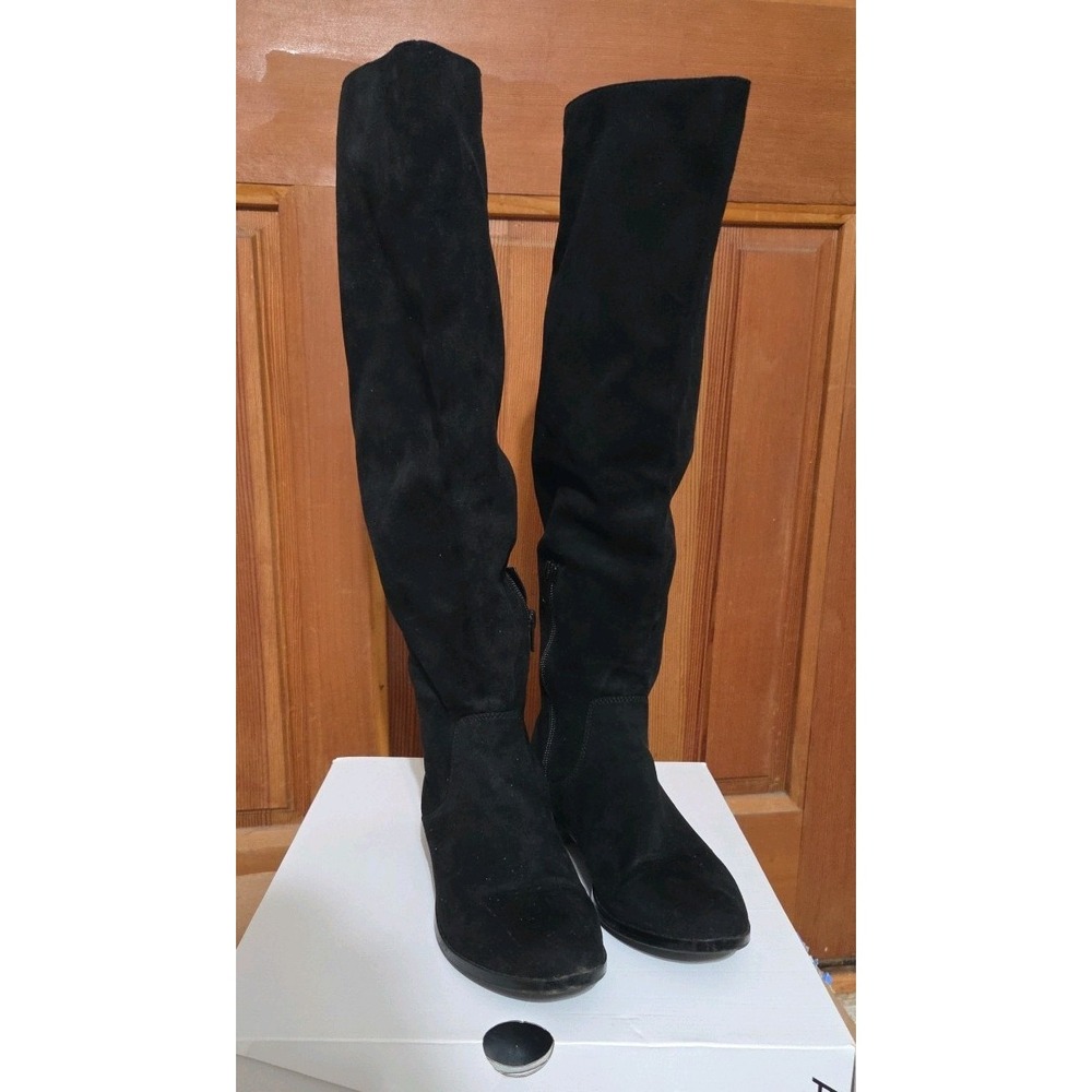 Women's Aldo Knee High Boots Lace-Up Zip-Up Short Heel Size 6.5 Black Faux Suede